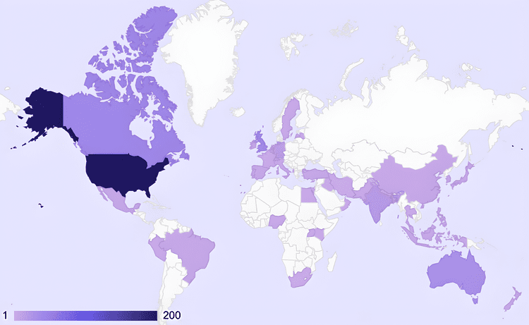 Choropleth world map showing the global distribution of SODP members across 50+ countries, weighted by membership.